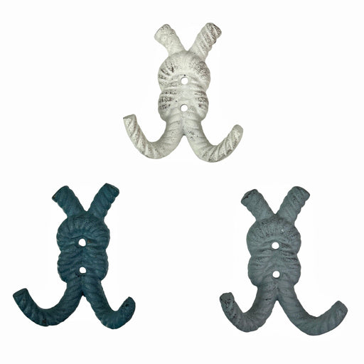 Zeckos 4 Inch Cast Iron Rope Knot Wall Hooks, Set of 3 Nautical Coastal Double Hooks in Green, Blue and White with Matching