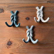 Zeckos 4 Inch Cast Iron Rope Knot Wall Hooks, Set of 3 Nautical Coastal Double Hooks in Green, Blue and White with Matching