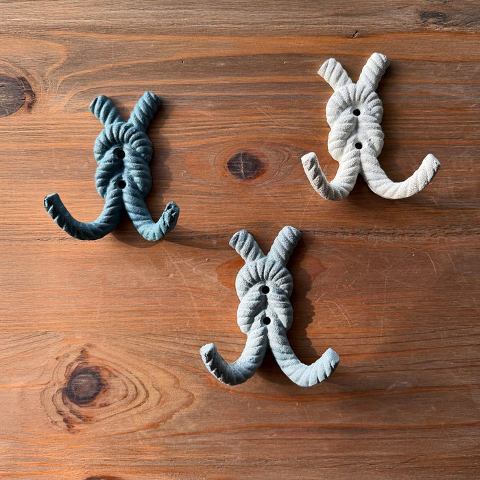 Zeckos 4 Inch Cast Iron Rope Knot Wall Hooks, Set of 3 Nautical Coastal Double Hooks in Green, Blue and White with Matching