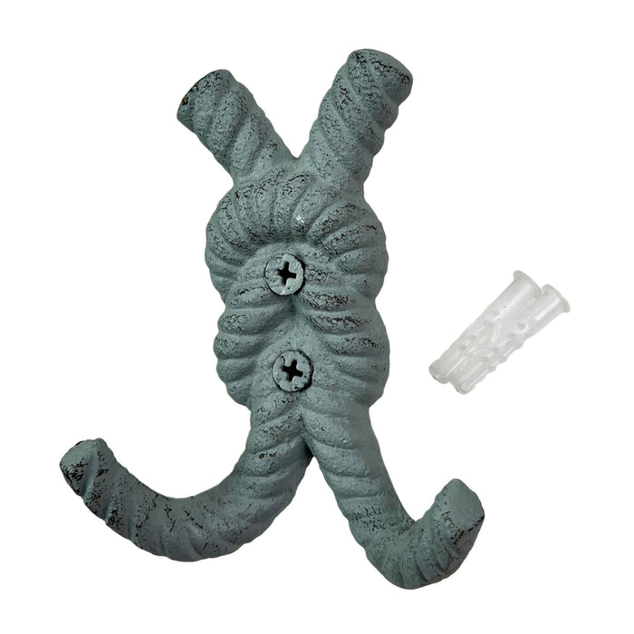 Zeckos 4 Inch Cast Iron Rope Knot Wall Hooks, Set of 3 Nautical Coastal Double Hooks in Green, Blue and White with Matching