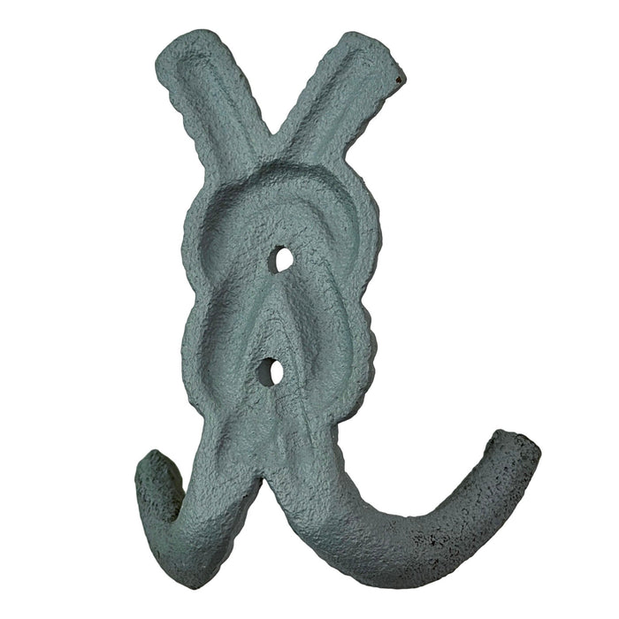 Zeckos 4 Inch Cast Iron Rope Knot Wall Hooks, Set of 3 Nautical Coastal Double Hooks in Green, Blue and White with Matching