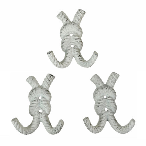 Zeckos 4 Inch Cast Iron Rope Knot Wall Hooks, Set of 3 Nautical Double Coat Hooks, Antique White Coastal Wall Decor with