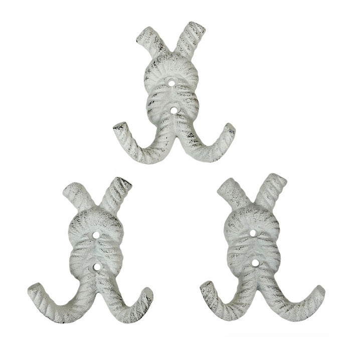 Zeckos 4 Inch Cast Iron Rope Knot Wall Hooks, Set of 3 Nautical Double Coat Hooks, Antique White Coastal Wall Decor with