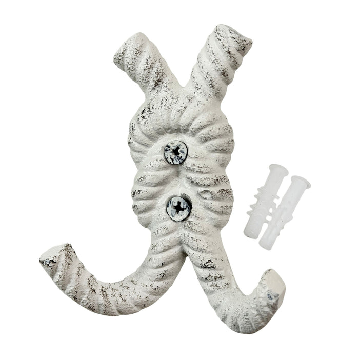 Zeckos 4 Inch Cast Iron Rope Knot Wall Hooks, Set of 3 Nautical Double Coat Hooks, Antique White Coastal Wall Decor with