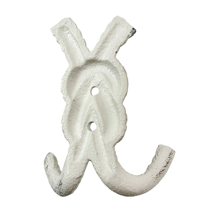Zeckos 4 Inch Cast Iron Rope Knot Wall Hooks, Set of 3 Nautical Double Coat Hooks, Antique White Coastal Wall Decor with