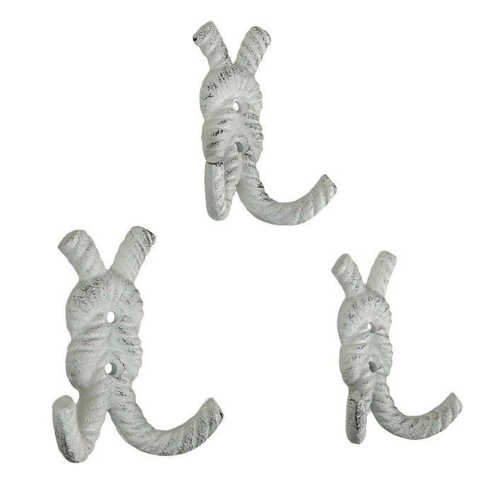 Zeckos 4 Inch Cast Iron Rope Knot Wall Hooks, Set of 3 Nautical Double Coat Hooks, Antique White Coastal Wall Decor with
