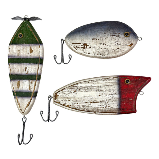 Zeckos 9.5 Inch Fishing Lure Wall Decor Set of 3 Rustic Wood and Metal Multicolor Nautical Fish Plaques with Glass Eyes for
