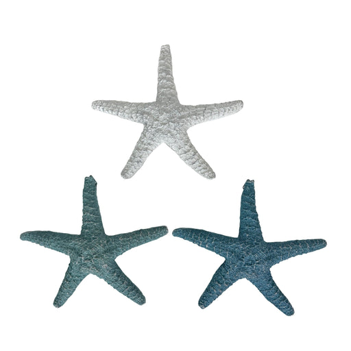 Zeckos Starfish Wall Sculptures Set of 3, Resin Coastal Wall Decor with Weathered White, Aqua and Blue Finish, 9.5 X 10.5