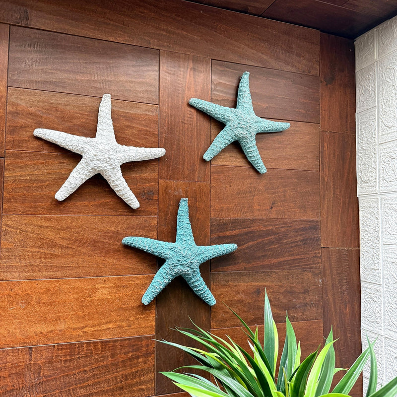 Zeckos Starfish Wall Sculptures Set of 3, Resin Coastal Wall Decor with Weathered White, Aqua and Blue Finish, 9.5 X 10.5