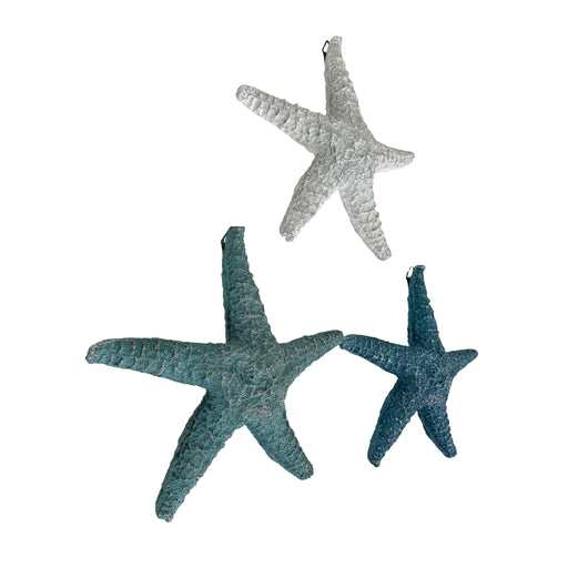 Zeckos Starfish Wall Sculptures Set of 3, Resin Coastal Wall Decor with Weathered White, Aqua and Blue Finish, 9.5 X 10.5