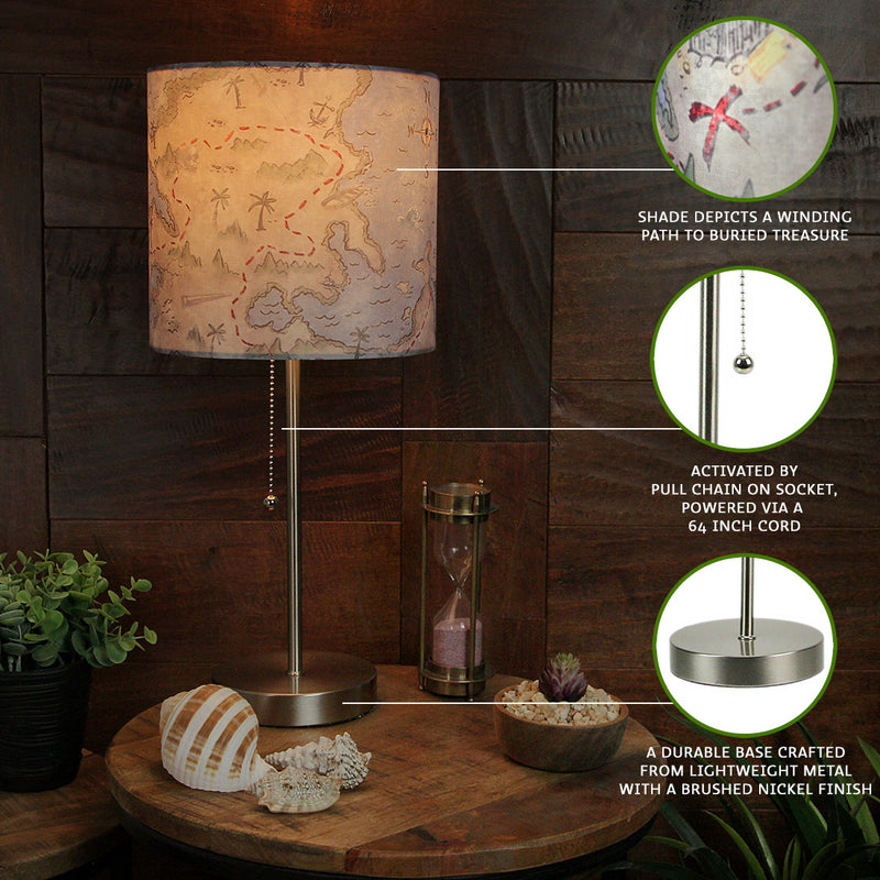 Set of 2 Decorative Treasure Map Brushed Nickel Accent Lamps for Nautical and Beach-Themed Living Spaces - 19 Inches Tall -