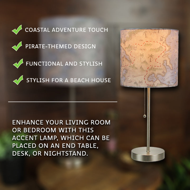 Set of 2 Decorative Treasure Map Brushed Nickel Accent Lamps for Nautical and Beach-Themed Living Spaces - 19 Inches Tall -