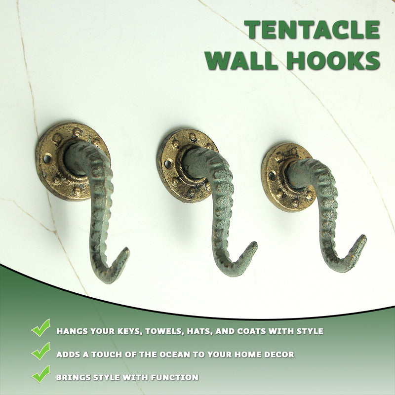 Set of 3 Verdigris Bronze Cast Iron Octopus Tentacle Wall Hooks: Nautical Key Hangers, 4.5 Inches High - Easy to Install -