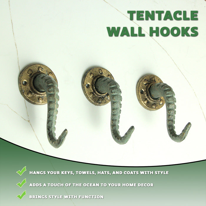 Set of 3 Verdigris Bronze Cast Iron Octopus Tentacle Wall Hooks