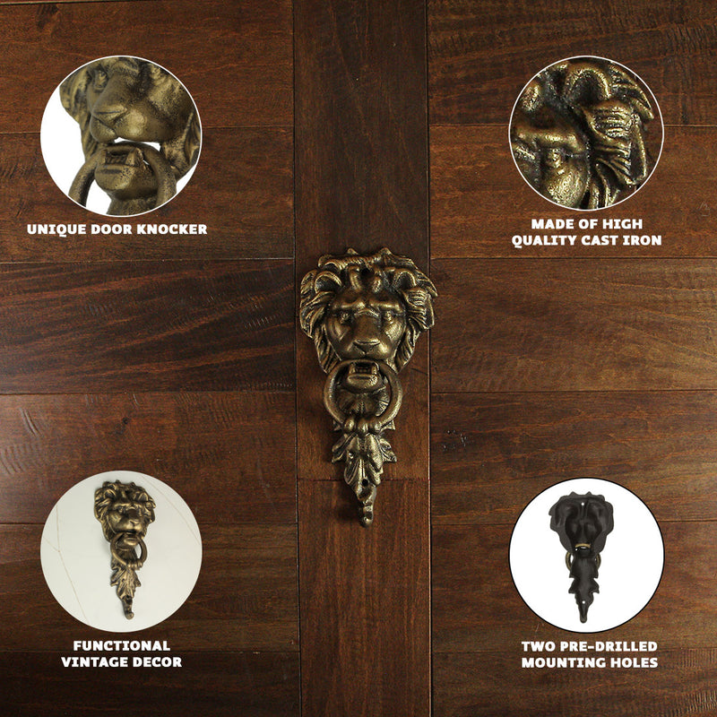 Zeckos 10 Inch High Bronze Finish Cast Iron Lion Head Vintage Style Door Knocker - Easy To Install - A Classic Elegant