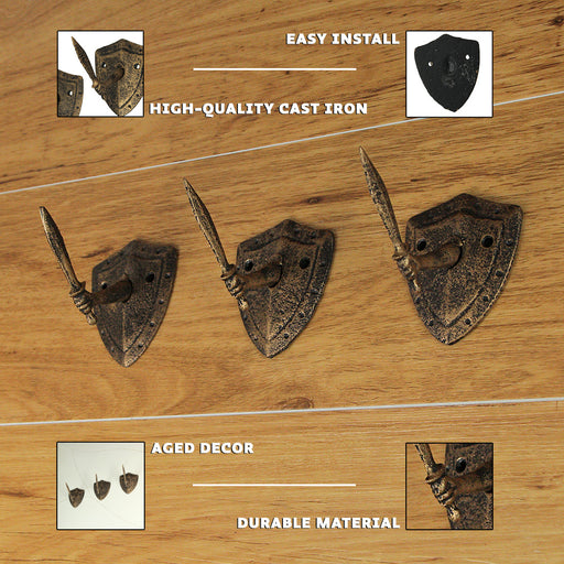 Zeckos Cast Iron Fun Wall Hooks - Set of 3, Bronze Sword & Shield Decorative Hooks for Entryway Wall, Perfect for Swordsman,