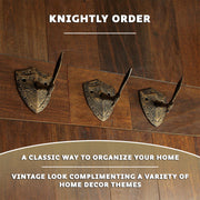 Zeckos Cast Iron Fun Wall Hooks - Set of 3, Bronze Sword & Shield Decorative Hooks for Entryway Wall, Perfect for Swordsman,