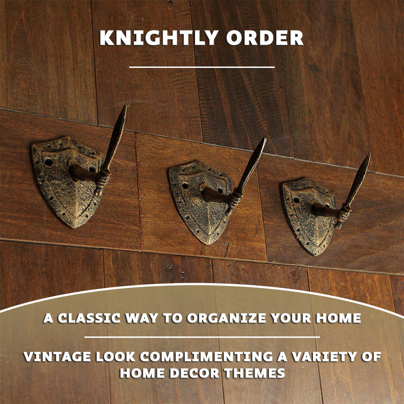 Zeckos Cast Iron Fun Wall Hooks - Set of 3, Bronze Sword & Shield Decorative Hooks for Entryway Wall, Perfect for Swordsman,