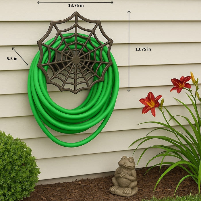 XL Cast Iron Spider Web Hose Holder, Bronze Finish, Heavy-Duty Wall Mounted Garden Hose Hanger, Weather Resistant Decorative