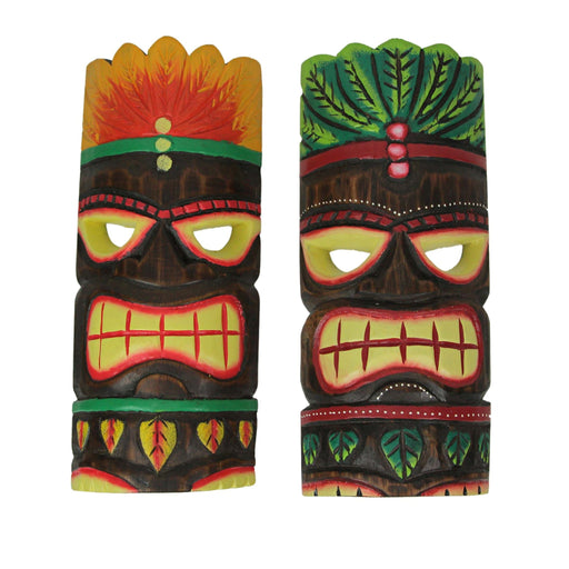 12 Inch Hand Carved Natural Wood Tiki Wall Hanging Mask Orange & Green Headdress Art Set of 2 Tropical Décor Image 1