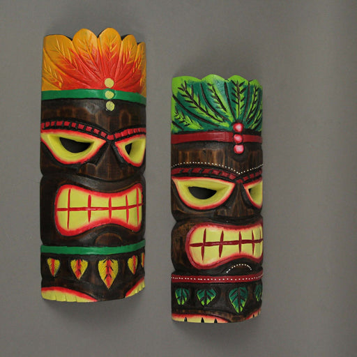 12 Inch Hand Carved Natural Wood Tiki Wall Hanging Mask Orange & Green Headdress Art Set of 2 Tropical Décor Image 2
