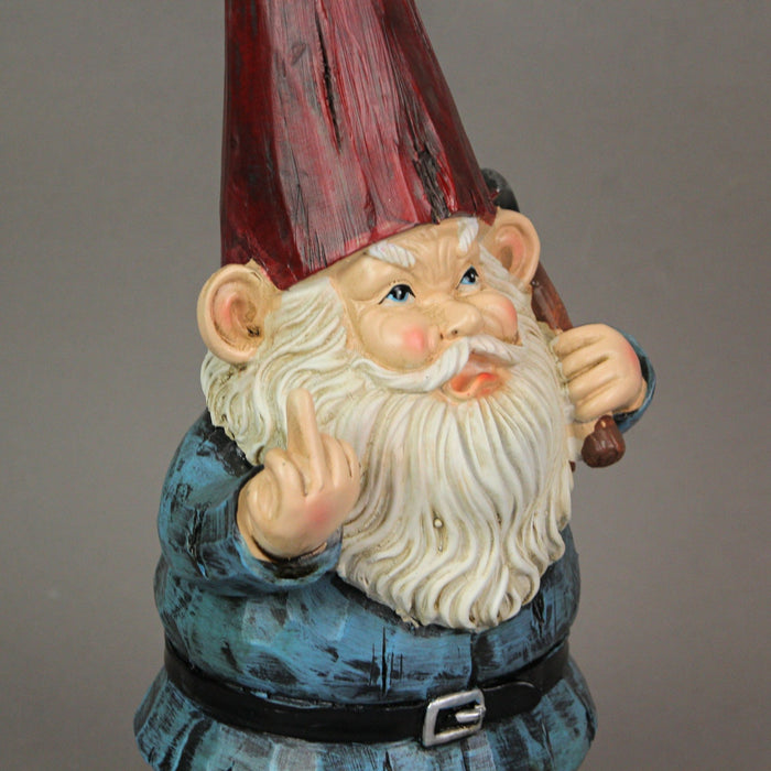 12 Inch High Angry Garden Gnome Holding Pick Axe Decorative Yard Statue - Rude Hand Gesture Indoor / Outdoor Hand-Painted