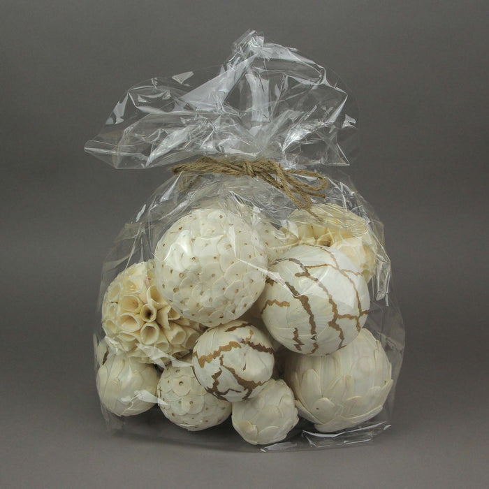 18-Piece Collection of Natural White and Brown Exotic Dried Organic Decorative Filler Balls for Centerpieces, Bowls and Vases