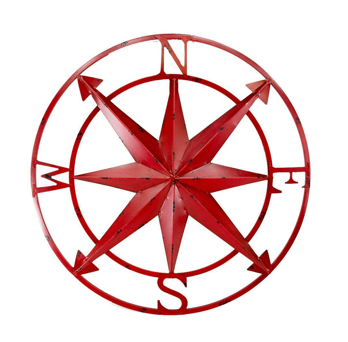 Red - Image 1 - Vintage Distressed Red Enamel Finish Metal Nautical Compass Rose Wall Hanging Art Decor - 20 Inches in