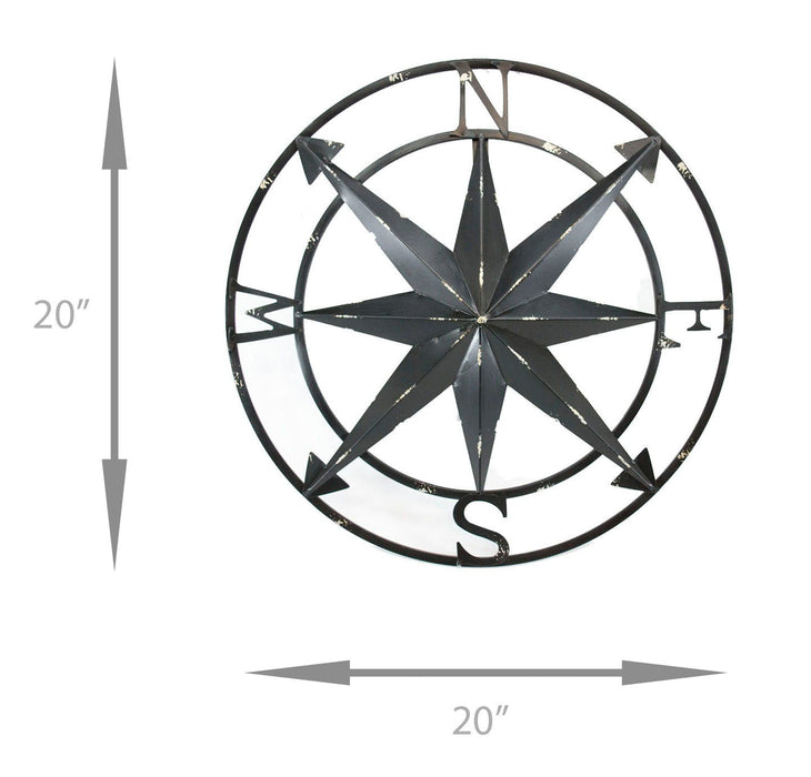Black - Image 2 - Distressed Metal Nautical Compass Rose Wall Décor - Rustic 20-Inch Diameter Hanging Art with Vintage Black