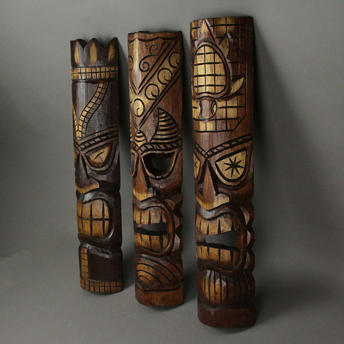 24 Inch Hand Carved Tiki Mask Wall Decor Tropical Beach Home Hanging Art Set of 3 Image 2