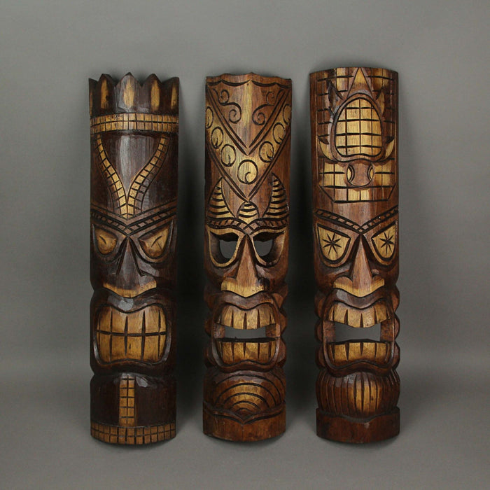 24 Inch Hand Carved Tiki Mask Wall Decor Tropical Beach Home Hanging Art Set of 3 Image 3