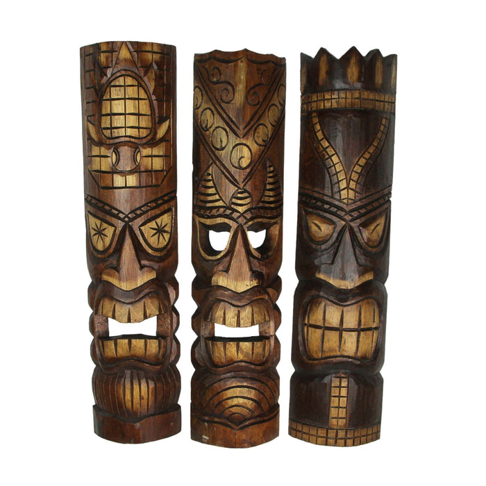 24 Inch Hand Carved Tiki Mask Wall Decor Tropical Beach Home Hanging Art Set of 3 Image 1