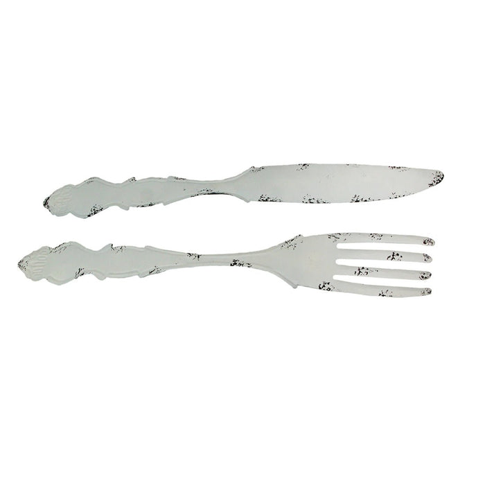 Set of 2 Large Knife and Fork White Metal Wall Hangings - Decorative Utensil Pieces for Country Farmhouse Kitchen Decor -