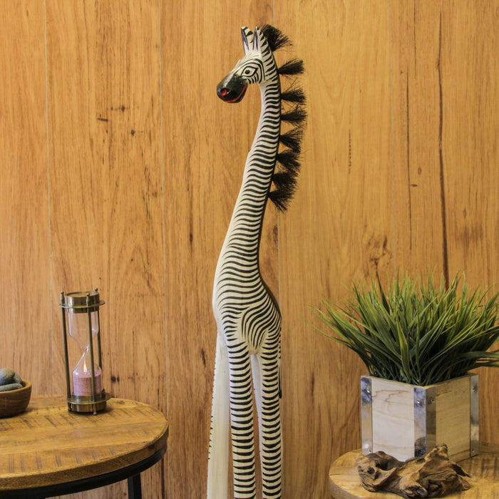Hand-Carved Black and White Wooden Zebra Statue: Exquisite Safari Art Sculpture - African Style Decor - 36 Inches Tall -