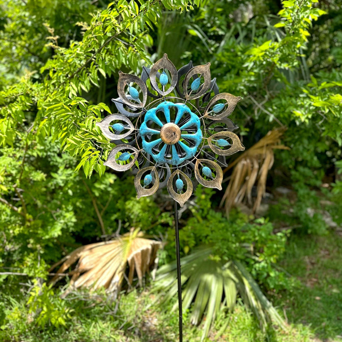 51-Inch Antique Copper and Blue Finish Metal Kinetic Wind Spinner - Exquisite Garden Stake for Your Yard or Garden -