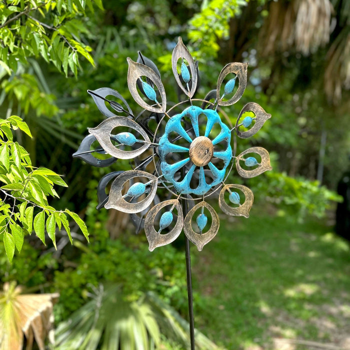51-Inch Antique Copper and Blue Finish Metal Kinetic Wind Spinner - Exquisite Garden Stake for Your Yard or Garden -