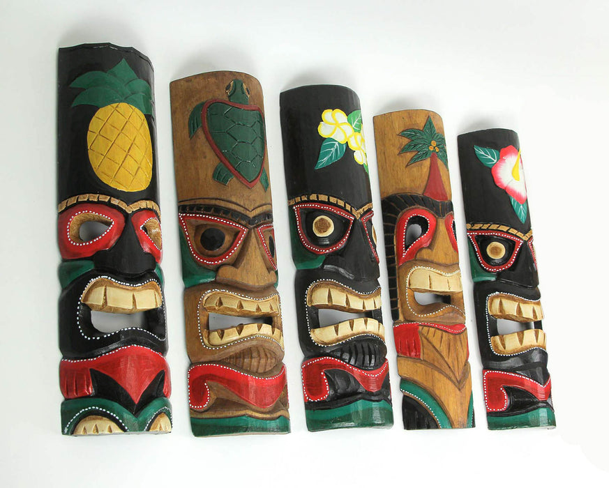 Set of 5 Colorful Tropical Polynesian Style Wooden Tiki Wall Décor Masks 20 Inch Image 2