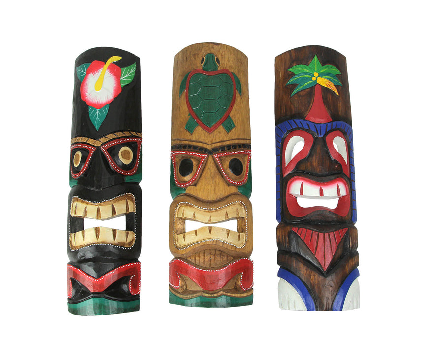 Set of 3 Colorful Hawaiian Island Style Wooden Tiki Wall Décor Masks 20 Inches High Image 1