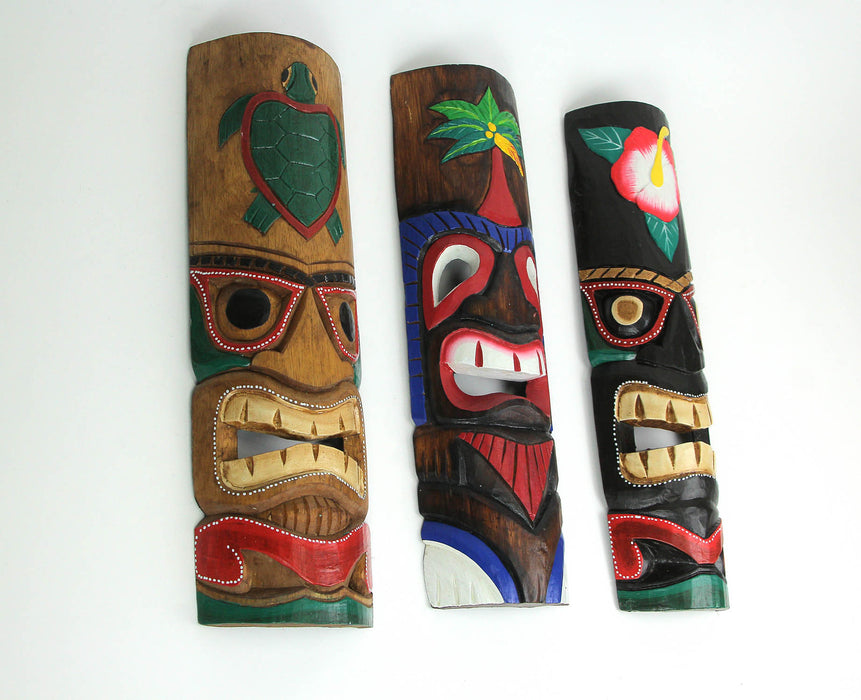 Set of 3 Colorful Hawaiian Island Style Wooden Tiki Wall Décor Masks 20 Inches High Image 2