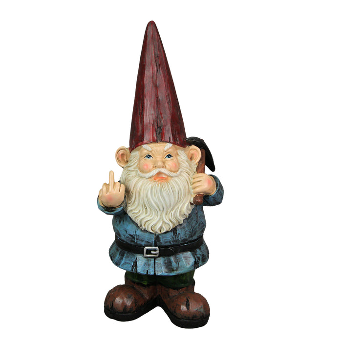 12 Inch Grumpy Gnome Holding Pick Axe Garden Statue - Rude Hand Gesture Outdoor Garden Decor - Resin Home Decor Yard or Go