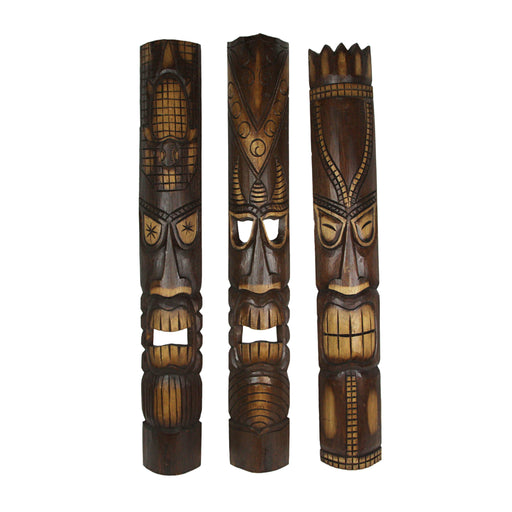 40 Inch Hand Carved Tiki Mask Wall Decor Tropical Beach Home Hanging Art Set of 3 Image 1
