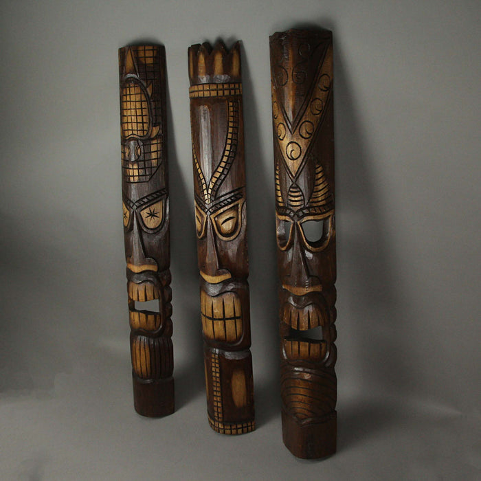 40 Inch Hand Carved Tiki Mask Wall Decor Tropical Beach Home Hanging Art Set of 3 Image 2