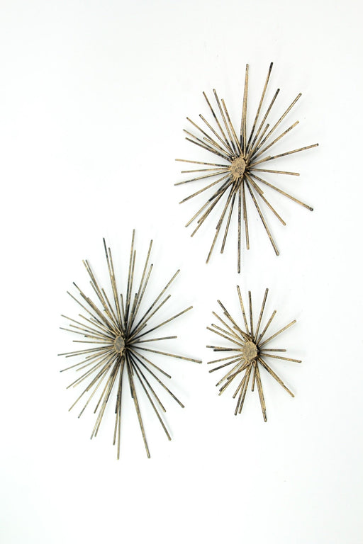 Set of 3 Antique Gold Radiant Starburst Wall Sculptures - Midcentury Modern Metal Art Accents - Large, Medium, and Small