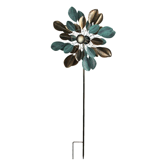 Antique Copper and Verdigris Green Leaf-Shaped Double Pinwheel Wind Spinner Stake for Outdoor Flowerbed, Yard or Garden Decor