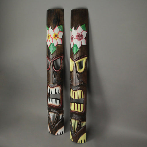 Artisan Crafted Set of 2 Hand-Carved Wooden Tiki Masks Adorned with Plumeria Flower Designs for Tropical Wall Decor, 39