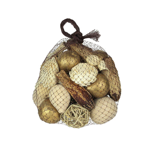 Bag of Metallic Gold, Natural White, and Light Brown Dried Botanical Decorative Balls and Filler for Stunning Home