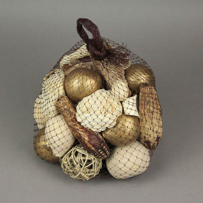 Bag of Metallic Gold, Natural White, and Light Brown Dried Botanical Decorative Balls and Filler for Stunning Home