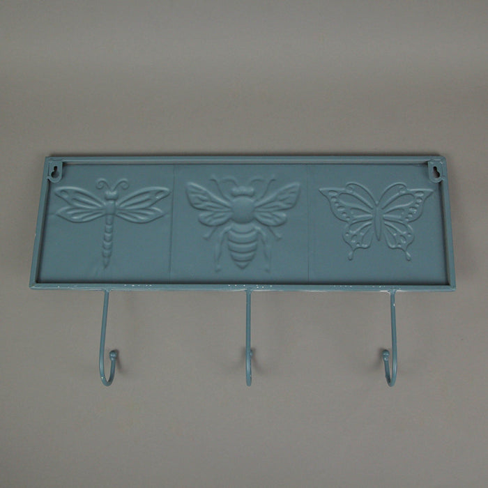 Blue and White Vintage Metal Insect Wall Hook Rack with Bee, Butterfly, and Dragonfly Accents - Decorative Hanging Coat,