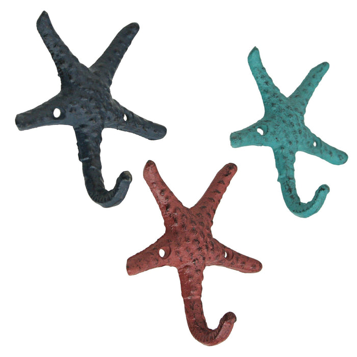 Coral - Image 3 - Set of 3 Cast Iron Blue and Coral Orange Starfish Decorative Wall Hooks: Towel, Hat, Key Hangers for Beach