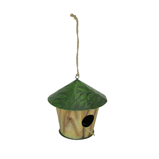 Charming Rustic Green Leaf Roofed Metal Tree Hanging Bird House - Outdoor Garden Decor and Yard Art - 8.5 Inches High -